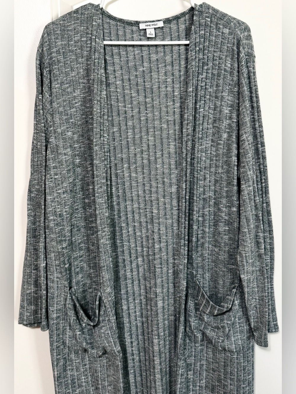 Nine West Long Open Front Ribbed Marled Sage Green Cardigan Sweater Pockets Size - Picture 5 of 9